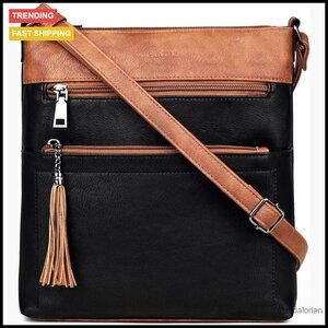 Crossbody Bag Vegan Leather Multi Pocket Adjustable Strap Tassel Chic Casual
